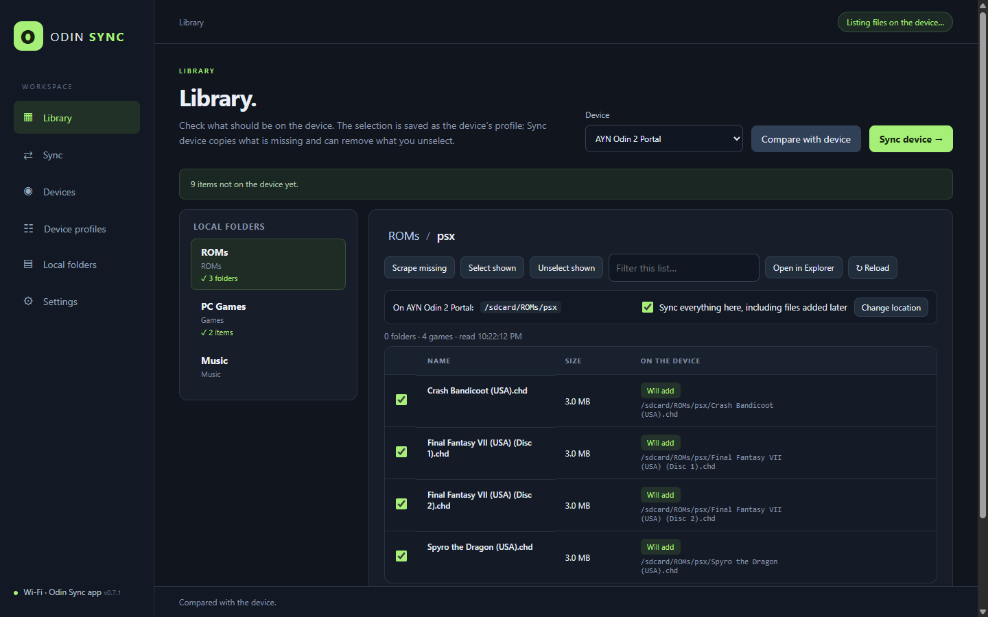 The Library with per-game sync status