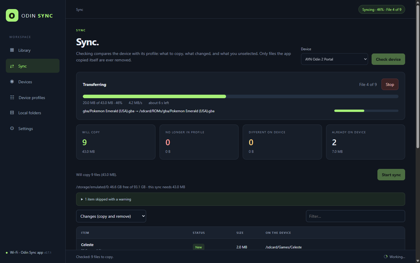 Odin Sync copying games to a handheld, with progress and speed